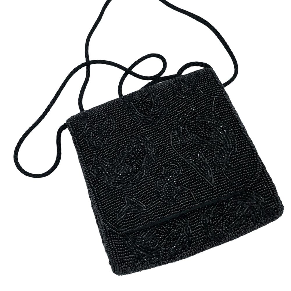 Carolyn Barton Black Beaded Fold Over Crossbody Evening Handbag Vintage Purse